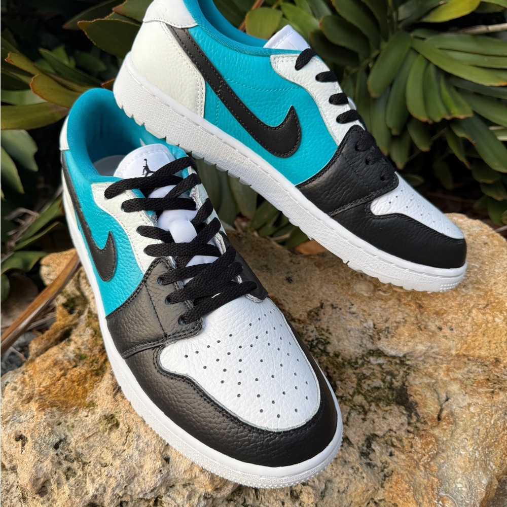 Air Jordan 1 Low Golf Triple White-Custom  Turqouise/Black Color-way. Size 10.5